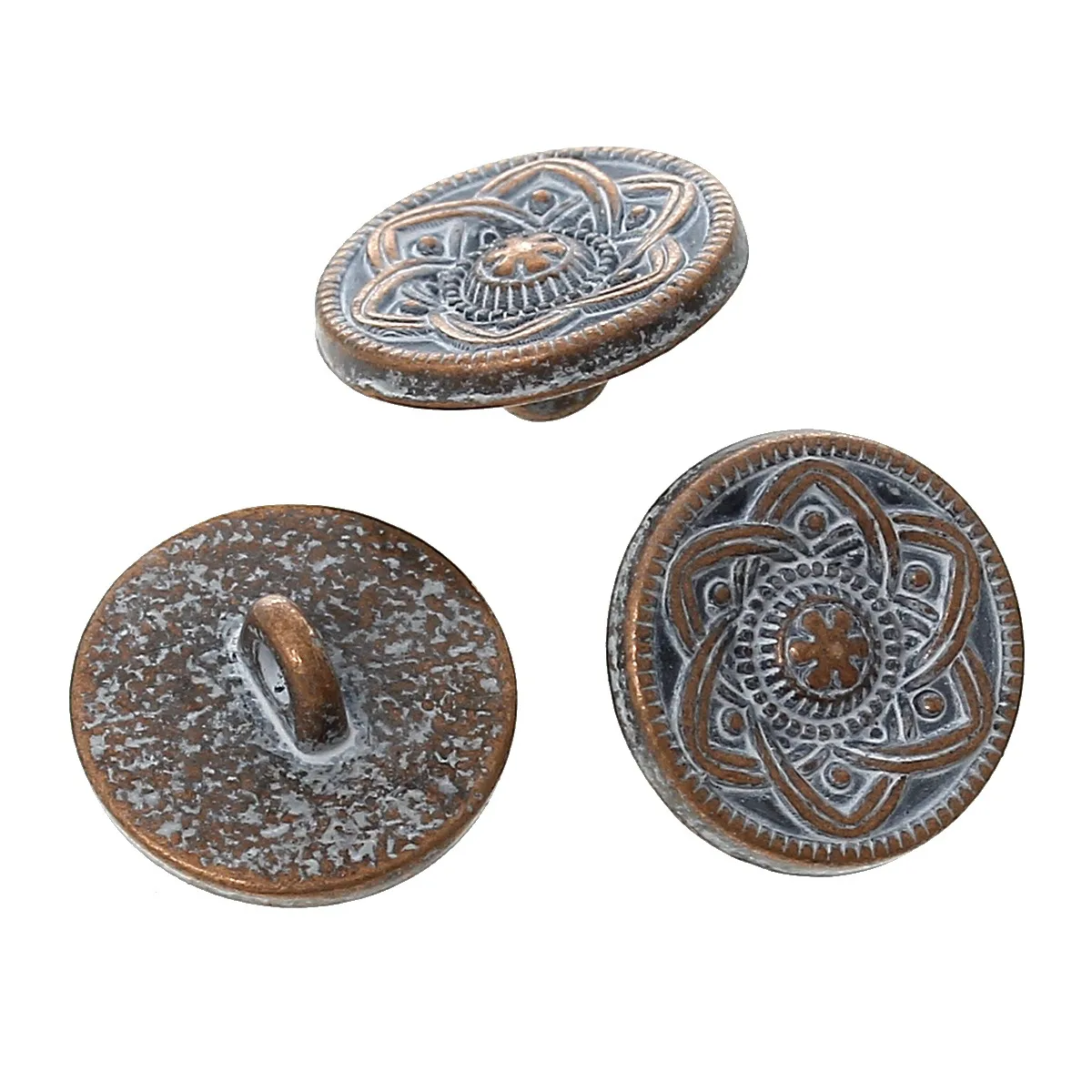50 stücke 15mm Vintage Metalls chaft Knopf runde antike Kupfer blume geschnitzt sprüh bemalte Knöpfe DIY Frauen Mantel Näh zubehör – Detail 2