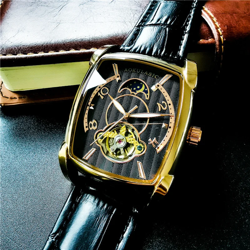 Mechanical Watch AOKULASIC Men Wristwatch Automatic Mechanical Military Sport Original Male Clock Skeleton Hollow Watch Gift 547
