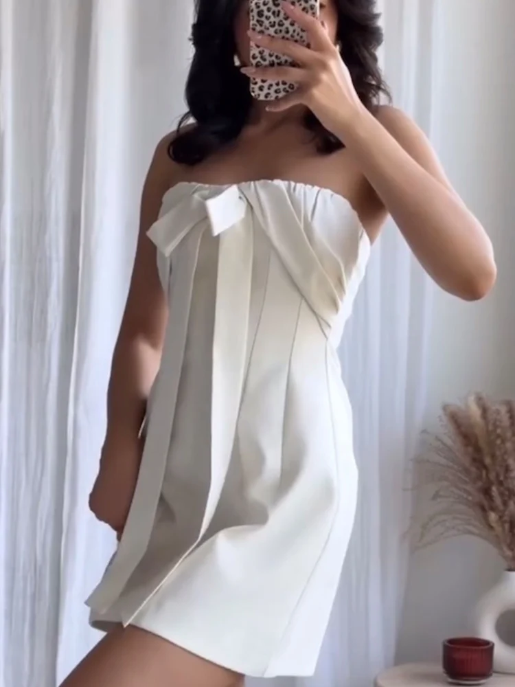 TFMLN 2025 Ladies Strapless Bow Dress Backless Elegant Evening Party Dress Chic Ruffle Sexy Dress Bodycon Mini Summer Dress