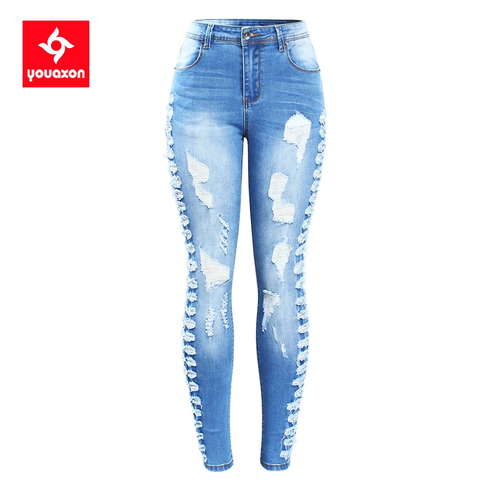 2145 Youaxon New Arrived Stretchy Ripped Jeans Woman Side Distressed Denim Skinny Pencil Pants Trousers For Women