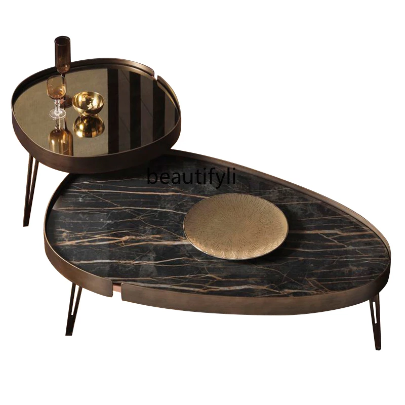 

round Stone Plate Coffee Table Light Luxury Living Room Small Apartment Creative Oval Shaped Small Table Combination