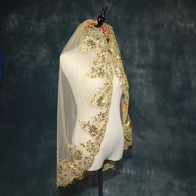 0.9M BlingBling Bridal Veil Gold White Red Wedding Hair Accessories Wedding Veil 1 Layer Bride Lace With Comb