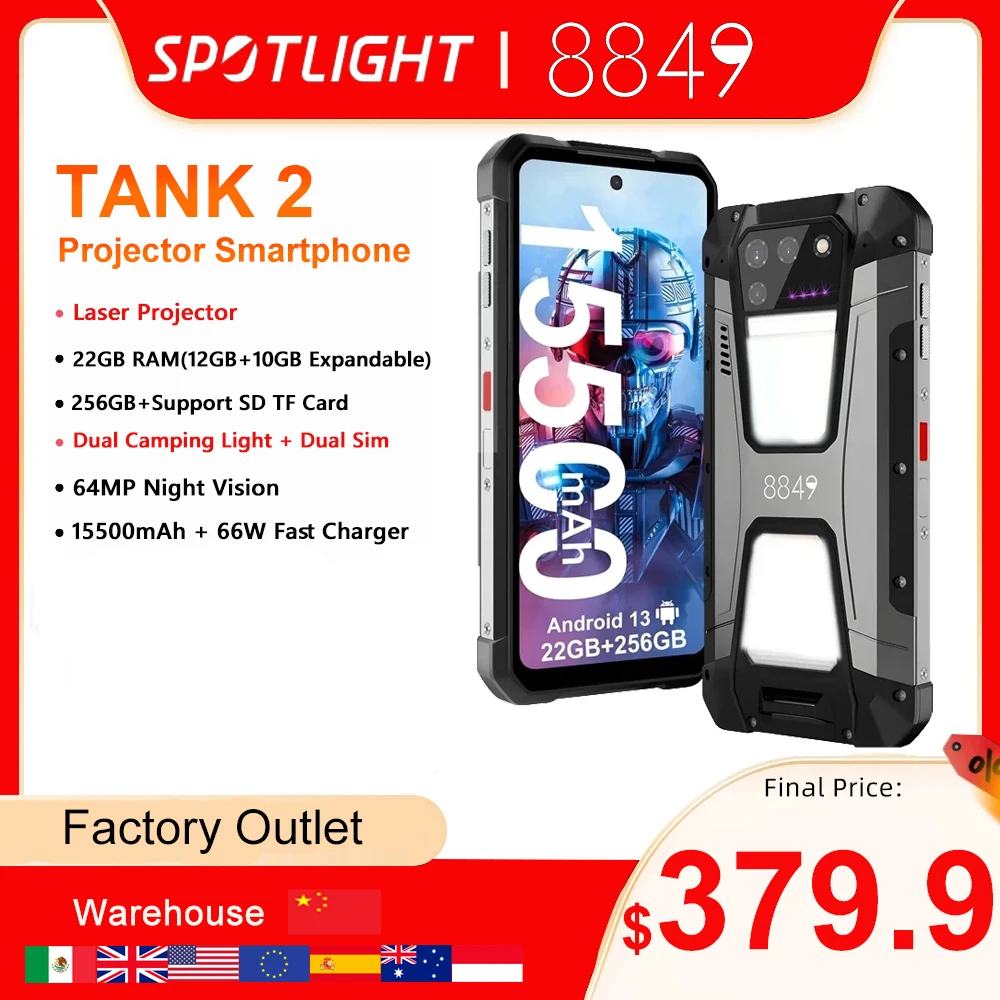 8849 Tank 2 Rugged by Unihertz проектор 22 ГБ ОЗУ 256 Гб ПЗУ 15500 МП фонарь для кемпинга 64 мп супер ночное видение G99 мАч TF фонарь