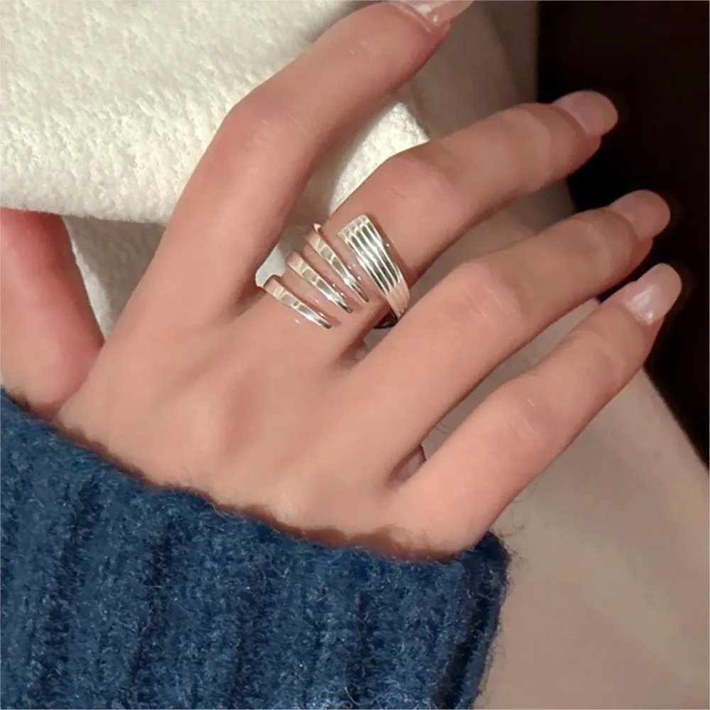 Silver Color Multi-layered Cross Line Ring for Women Geometric Simple Fashion Open Ring Party Jewelry Gifts