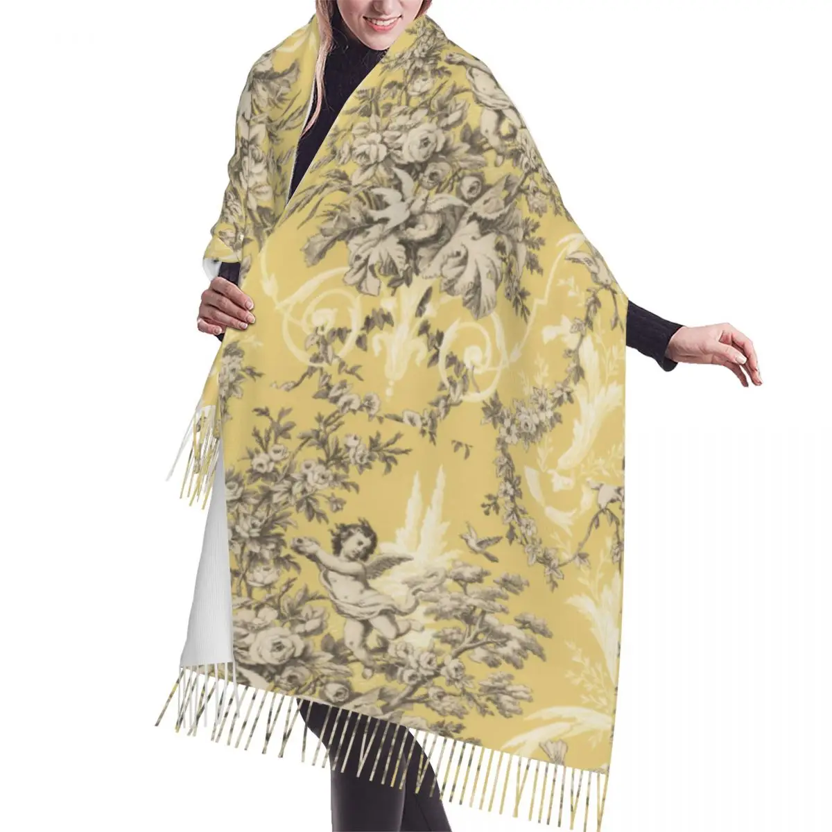 

Vintage French Toile De Jouy Scarf Wrap Women Long Winter Fall Warm Tassel Shawl Unisex Antique Traditional France Art Scarves