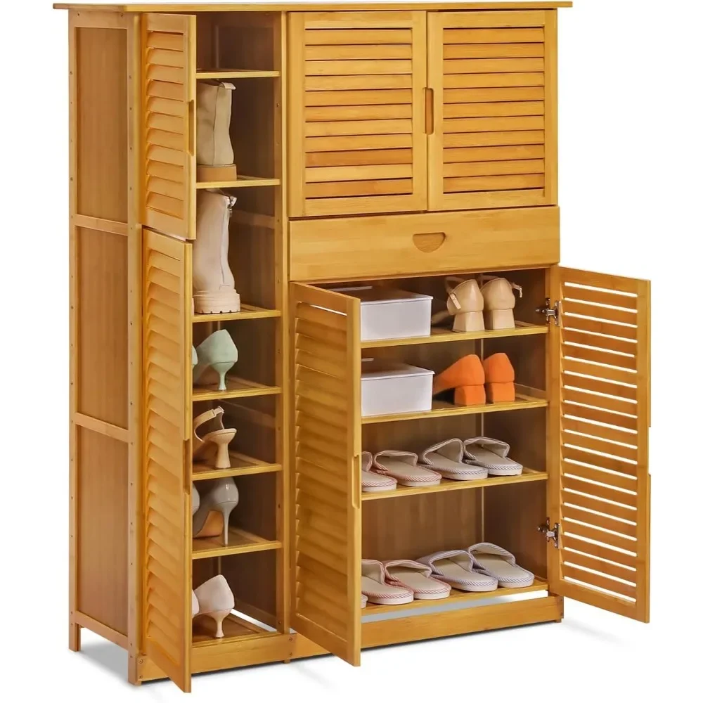 12.5"D x 39"W x 50.5"H Shoe Cabinets with Shutter Doors & 1 Drawer for 31-35 Pairs, Bamboo Large Shoe Cabinets