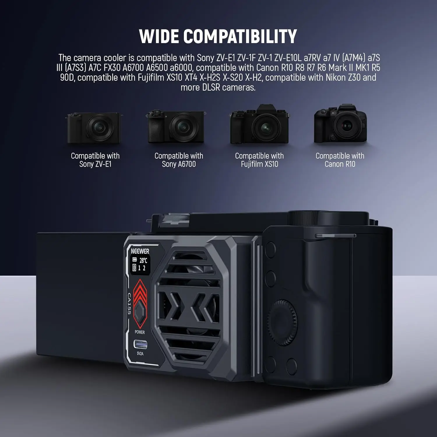 Camera Cooling Fan with Battery Spring Loaded External Cooler for Sony ZV-E1 A6700 Canon R6 Mark II Fujifilm XS20