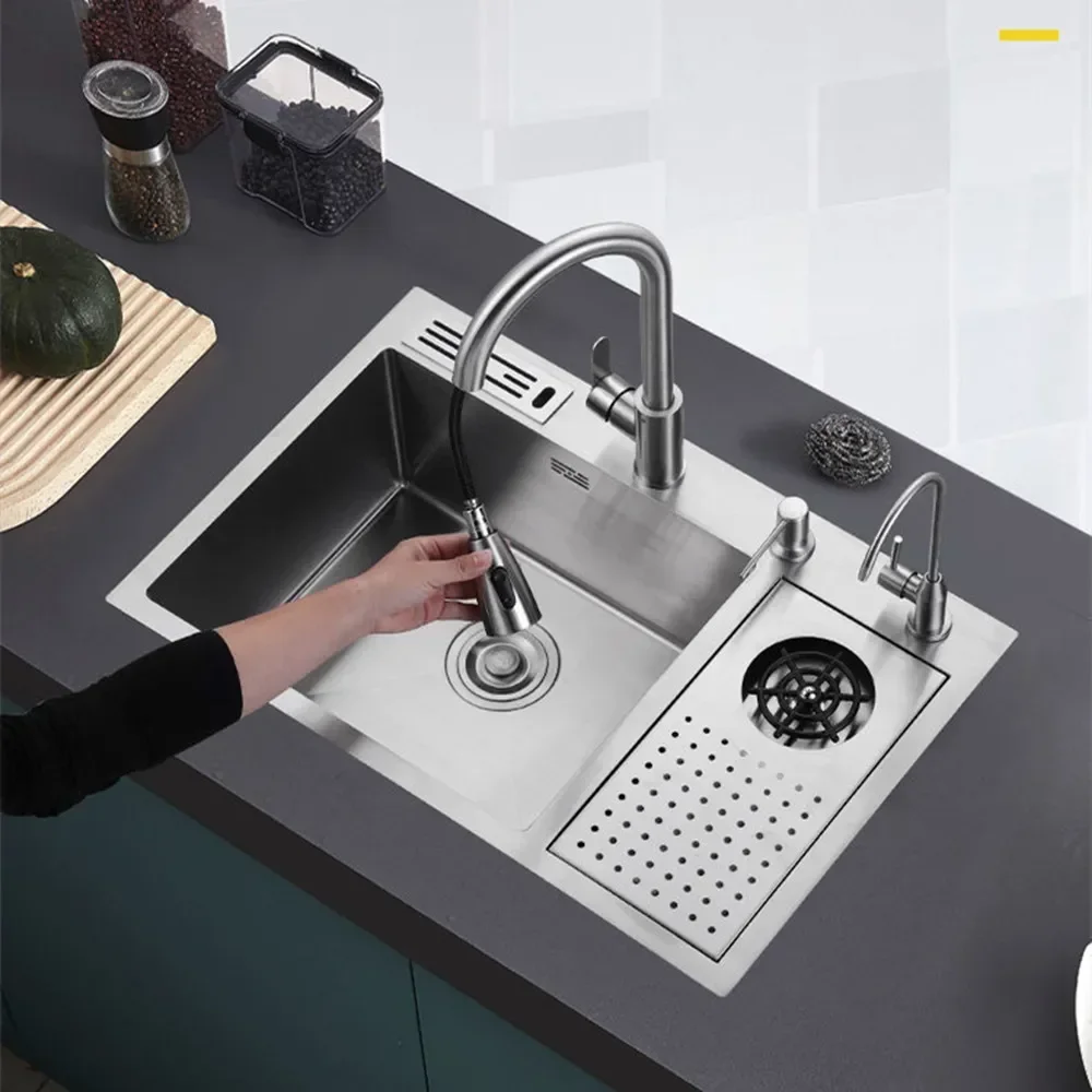 Nano Kitchen Sink 304 Stainless Steel High-Pressure Cup Washer Sink Knife Holder Large Single-Slot Household Cleaning Countertop 5