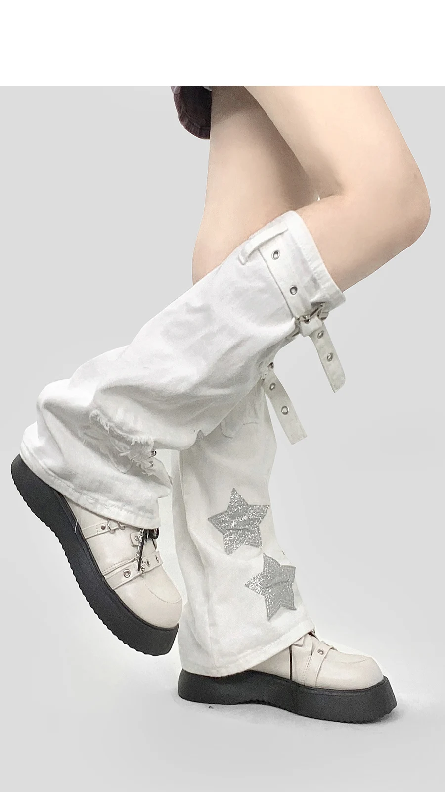 Y2K Hot Girl Japanese Style White Denim Leg Warmer Stars Women's Mopping Pile Style Stitching Boot Cover Socks Tube Socks