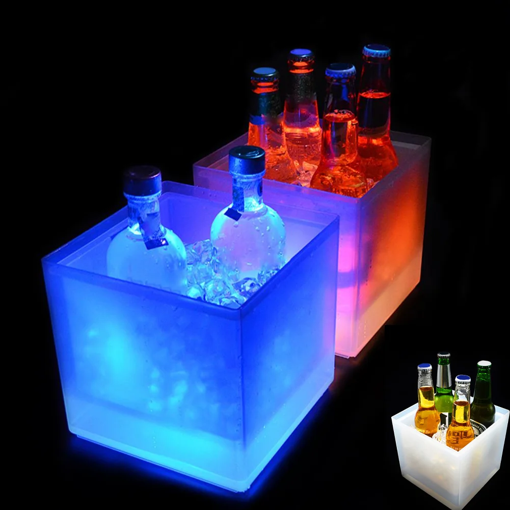 LED Ice Bucket RGB Colorful Cooler Bucket Double Layer Square Ice Tray Bar Nightclub Light Up Champagne Whiskey Beer