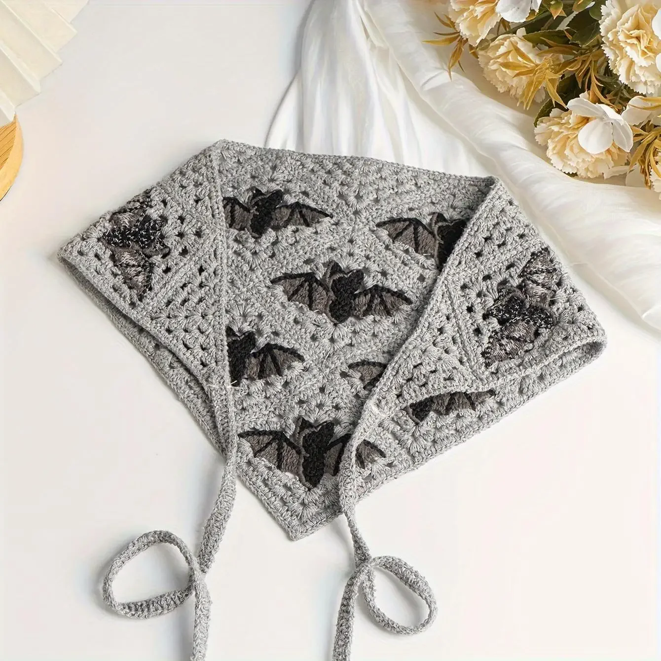 Boho Chic Crochet Bat Pattern Triangle Headband-Cotton Knit Turban For Halloween & All Saints' Day