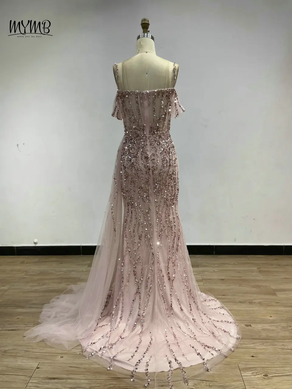MYMB Meerjungfrau-Spaghettiträger, atemberaubende rosa Abendkleider, sexy Perlen, herzförmiger Ausschnitt, schulterfrei, hoch gespaltene Partykleider – Detail 8