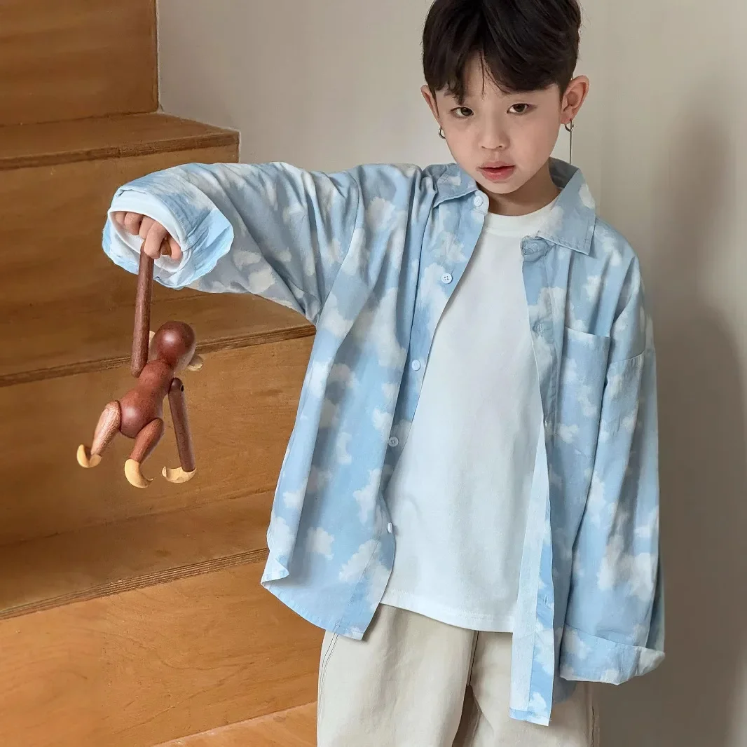 Spring 25 Loose Fit Children's Shirt Blue Fresh Washed Cotton Cloud Print Boys' Clothing Korean Style Kids' Top