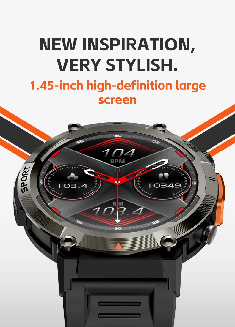 Montre connectée de sport pour hommes avec lampe de poche, moniteur de tension artérielle | Étanchéité IP67 pour Android IOS