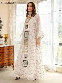 Siskakia Arabic Sequin Embroidery Abaya Dress for Woman Eid 2022 Caftan Marocain Dresses White Muslim