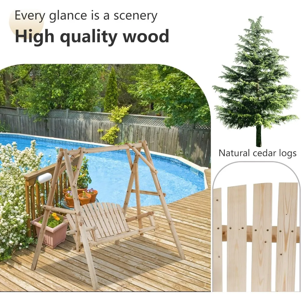 Swing Frame Combination Porch Swing with Stand Log Swing Stand 67 Inch Wooden Porch A-Frame Backyard Chair 3