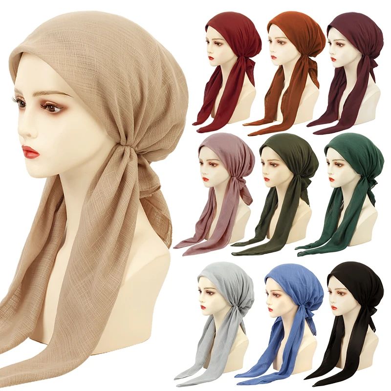 Geebro Women Stylish Pre-Tied Turban Chemo Cap Muslim Hijab Inner Cap Beanies Bonnet Long Tail Headscarf Hat Headwrap Caps 1