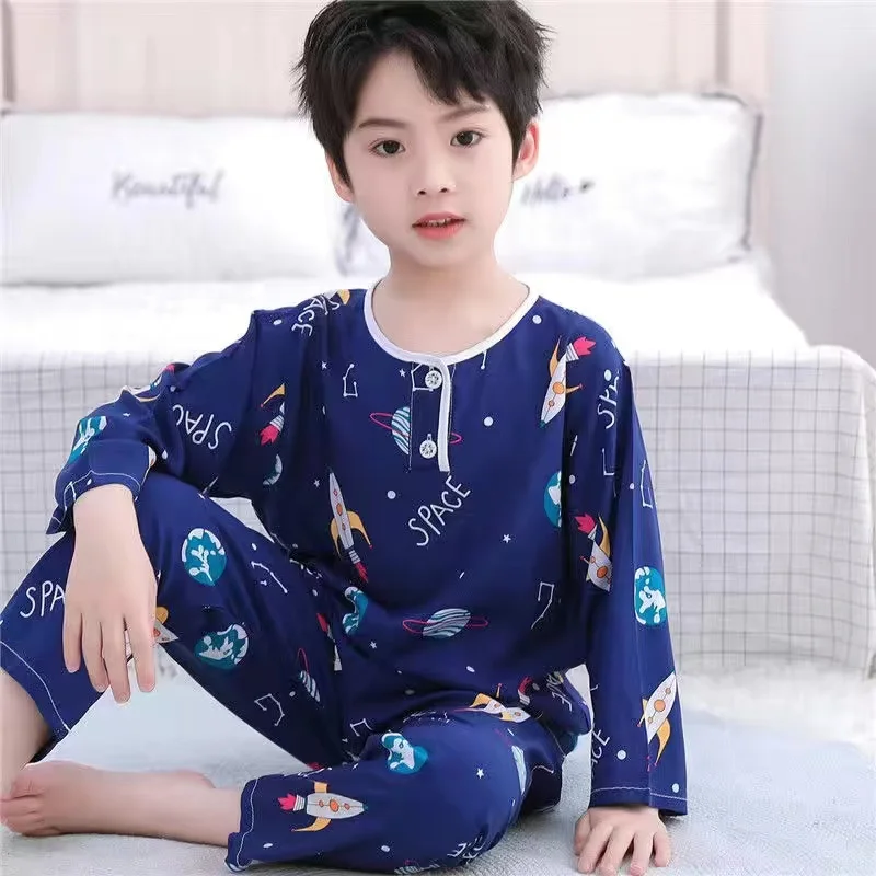 Summer Children's Cotton Silk pajamas Boys And Girls Home Clothes Baby Long-sleeved + Trousers Two-piece Kid's Brethable Suit cute pajama sets	 Sleepwear & Robes