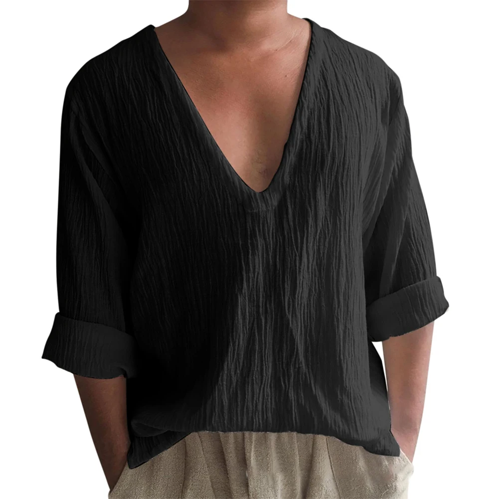 

Mens Cotton V Neck T Shirt Long Sleeve Blouse Casual Loose Solid Tops Tee Soft Shirts