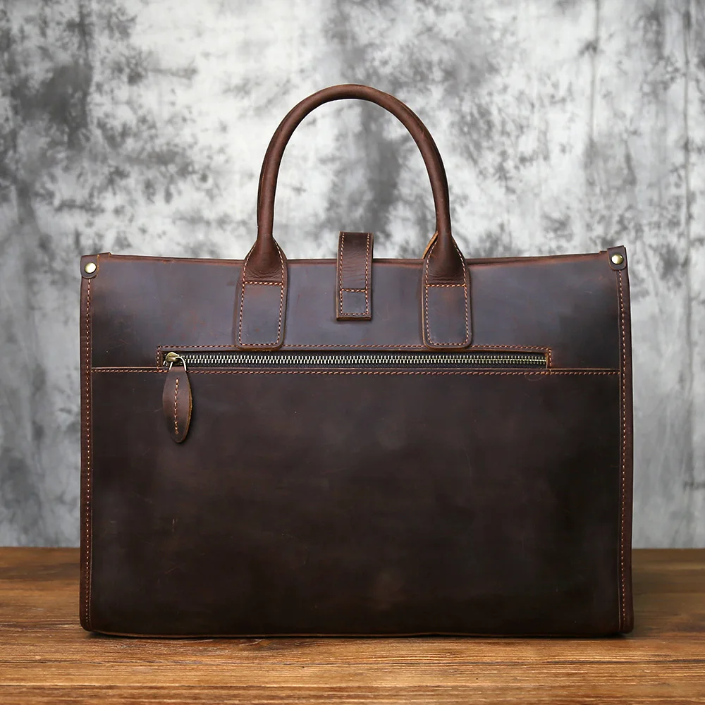 NZPJ Vintage Genuine Leather Men's Briefcase Natural Cowhide Handbag Crazy Horse Leather Computer Bag Casual Crossbody