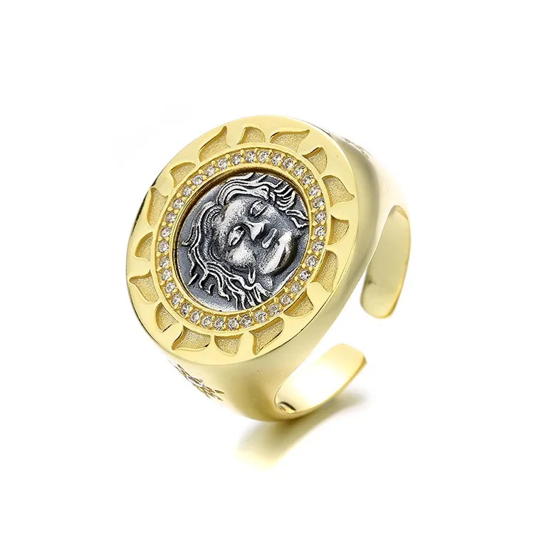 

TYS-3 ZFSILVER Silver S925 Fashion Greek Helios Trendy Luxury Retro Gold Ancient Coin Ring Women Girl Wedding Party Jewelry Gift