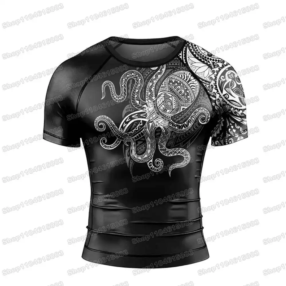 Octopus Tribal Tattoo Rash Guards Surfing Jersey Beach Shirts Swimwear Diving Gym Shorts MMA BJJ Men Jiu Jitsu Fitness Sets