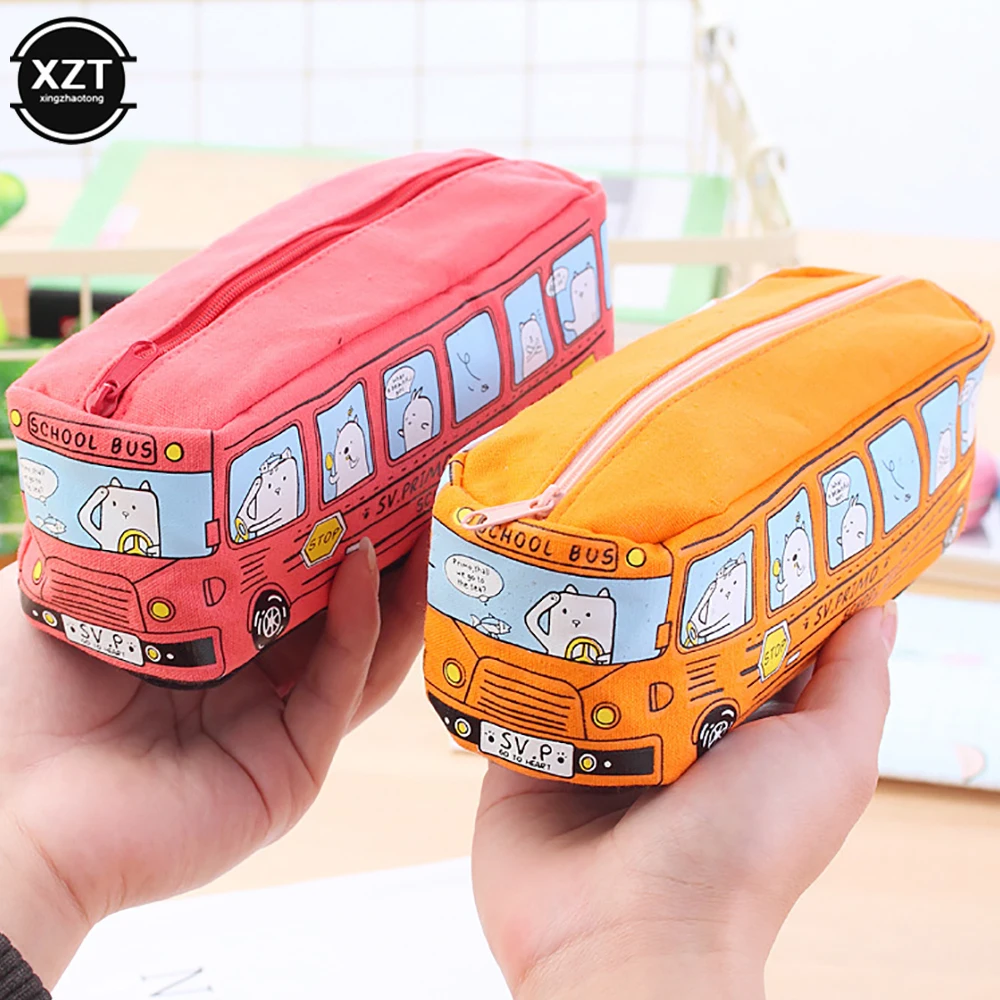 Cartoon Bus Pencil Bag Canvas Large Capacity Car Zipper Pen Pencilcase for Student Stationery School Supplies pencil cases stationery box pen storage bag