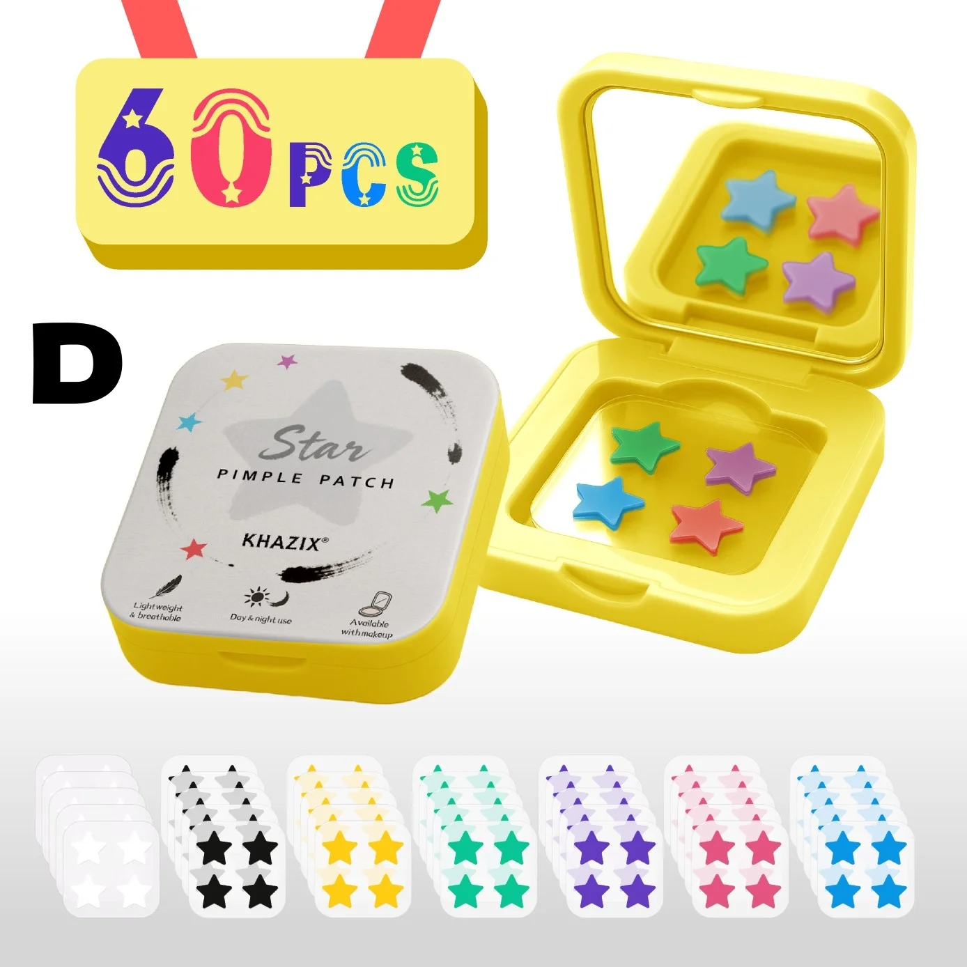 60pcs multi-color star acne patches come with a makeup mirror. Carry it with you at any time to touch up your makeup. Colorful s