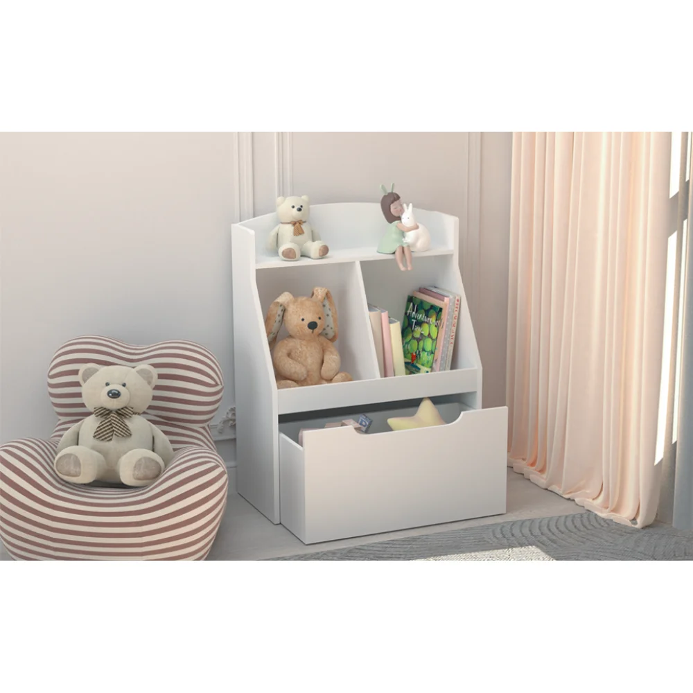 Kids Bookshelf with Drawer and Wheels, Children's Book Display,  Wooden Bookcase, Toy Storage Cabinet Organizer, White 5
