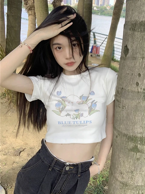 Summer Cute Teen Girls Crop Top Casual Cartoon Printed Short Sleeve T-shirt  Lovely Pattern Slim Waist Round Neck Soft Shirts - T-shirts - AliExpress