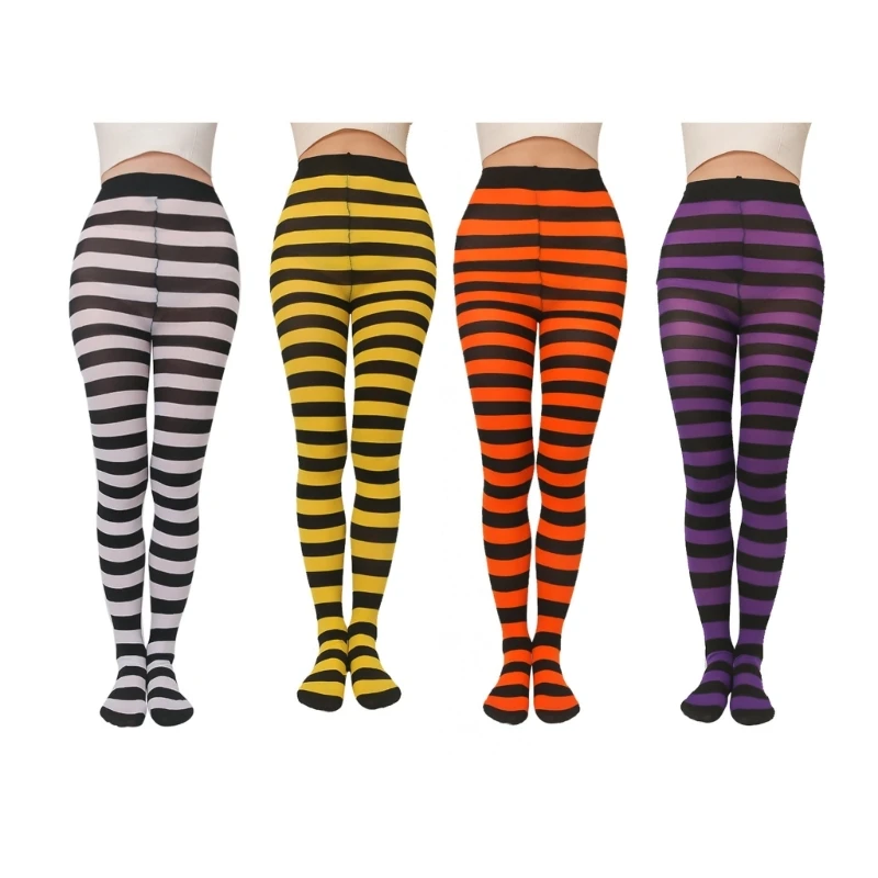 Soft Striped Long Tights Women Wide Horizontal Stripe Tights Opaque Hosiery  Breathable Casual High Waist Elastic Legging