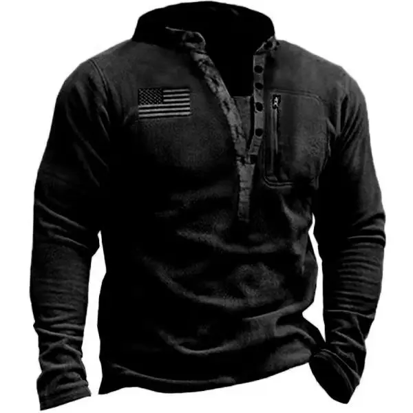 Men's Tactical Fleece Pullover Outdoor V Neck Button Up Shirt Warm Hiking Climbing Softshell Jacket