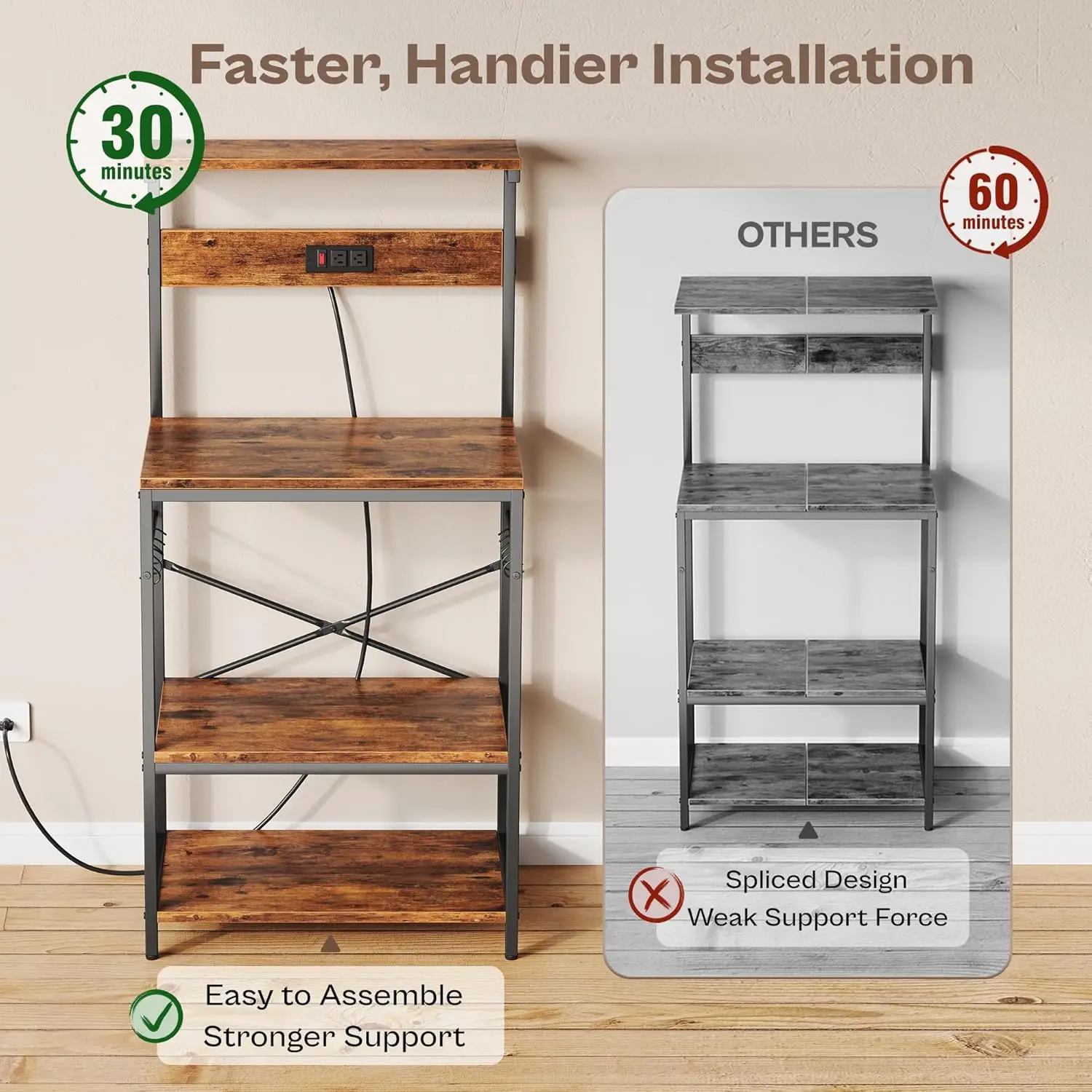 Kitchen Bakers Rack with Power Outlet, Coffee Bar Table 4 Tiers, Kitchen Microwave Stand with 6 S-shaped Hooks 4