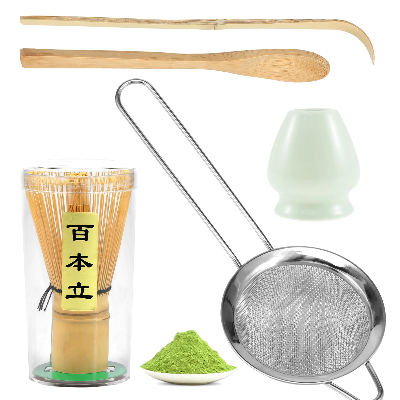Japanese Matcha Whisk Set Bamboo Matcha Whisk Traditional Tea Scoop Deep Scoop Stainless Steel Tea Strainer for Lovers 5Pcs