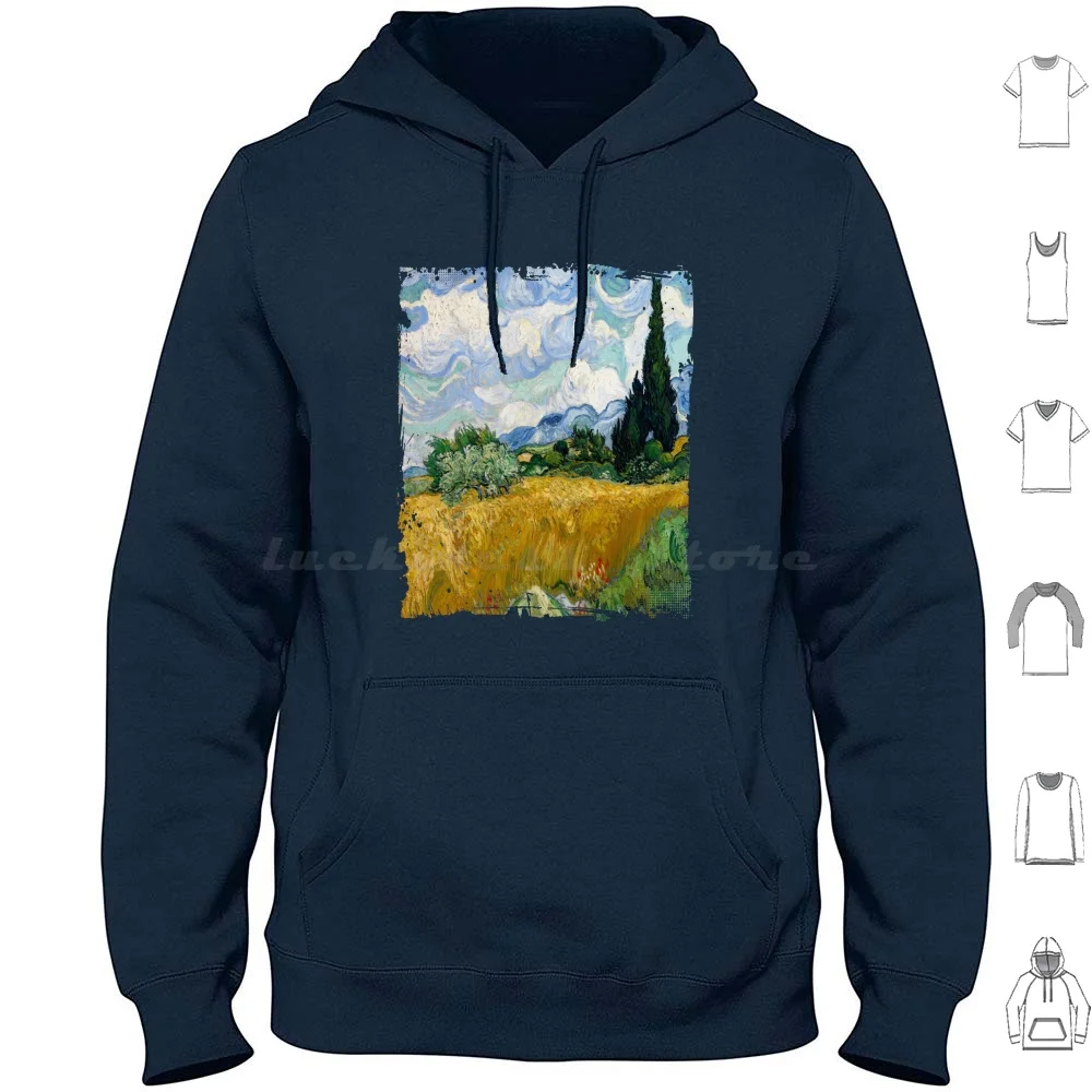 Campo Di Grano Con Cypress, 1889-Vincent Van Gogh Felpa Con Cappuccio In Cotone Manica Lunga Van Gogh Cezanne Manet Kandinsky Klimt