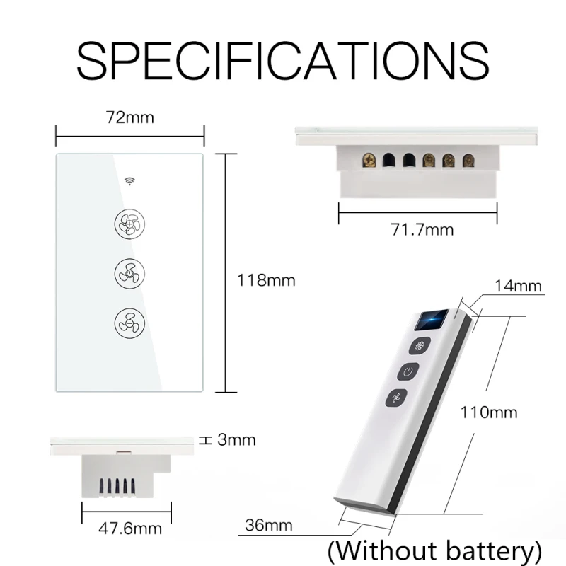 Description Picture 3 of itemWiFi RF433 Smart Ceiling Fan Switch Smart Life/Tuya App 2/3 Way control Wireless Remote Control Works with Alexa and