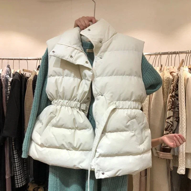 New Autumn Women Vest Casual Belt Sleeveless Jacket Stand Collar