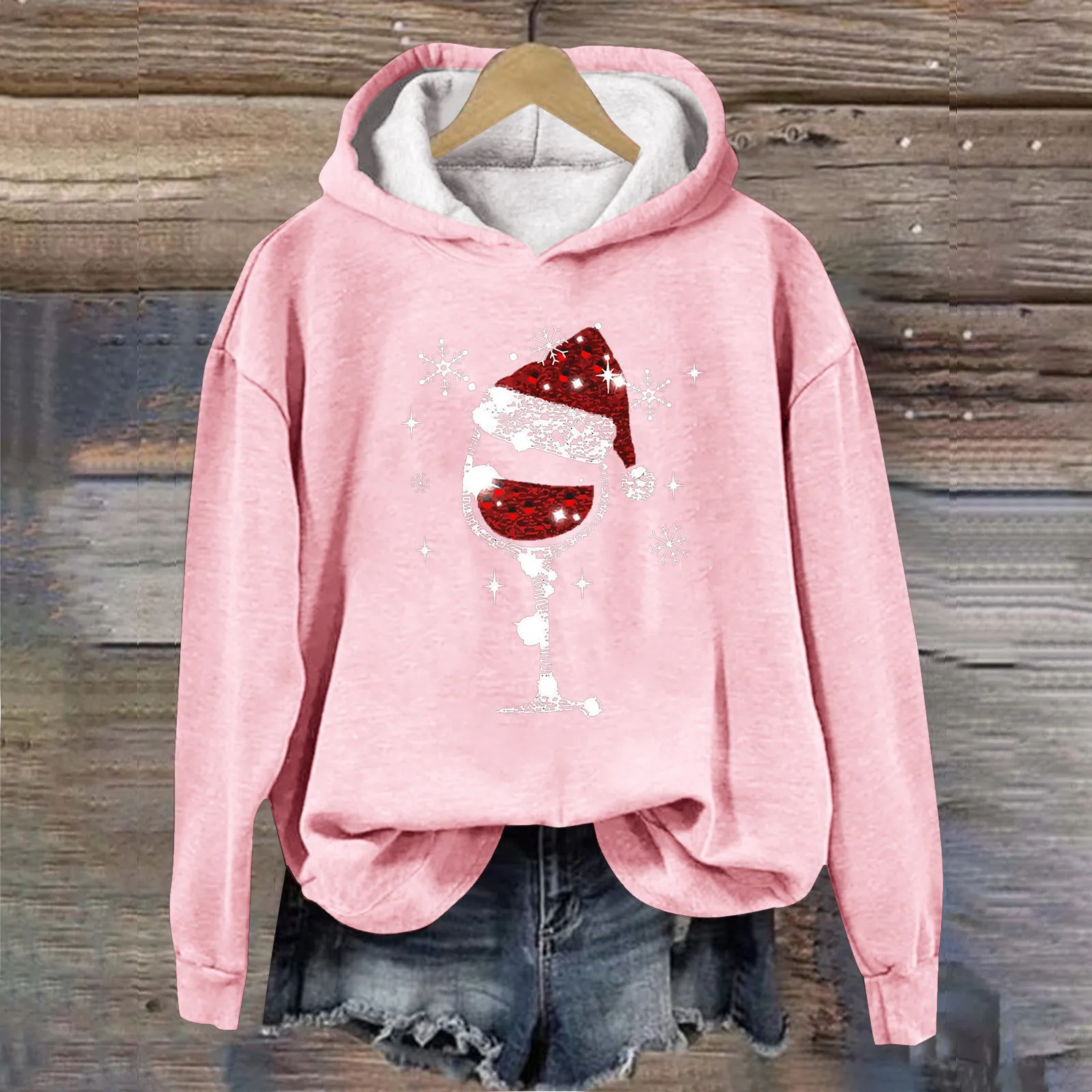 

Funny Christmas Hoodies Women'S Print Sweatshirt Hooded Pullover Pink Oversize Long Sleeve Xmas Wine Red Ugly Pattern Sweater