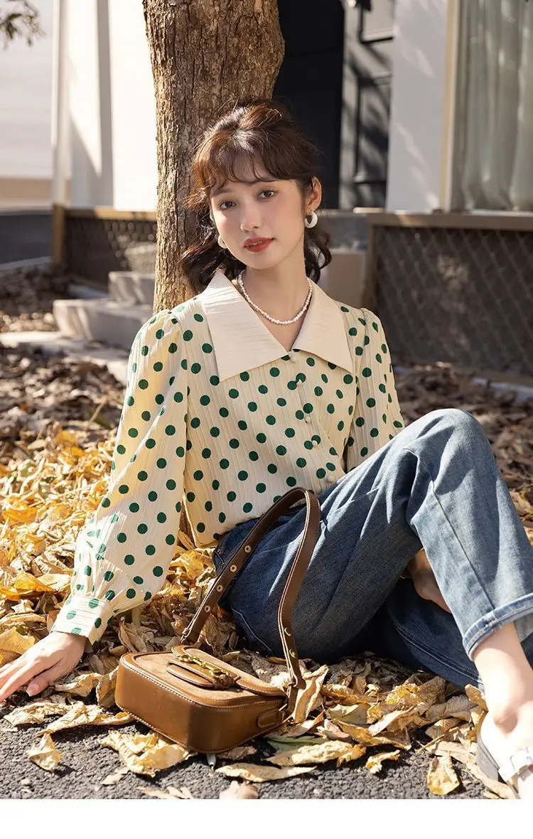 Shirt Polka Dot Commuting Business Casual  Popular European Style Retro Streetwear V-Neck Fashion All-Match Simple  Elegant