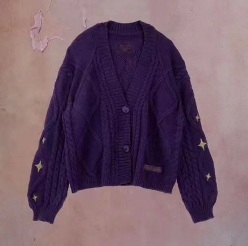 

Winter Loose Cardigans Women Star Embroidered Knitted Sweaters Tay Vintage Y2K Fashion Breasted Long Sleeve Top Coats