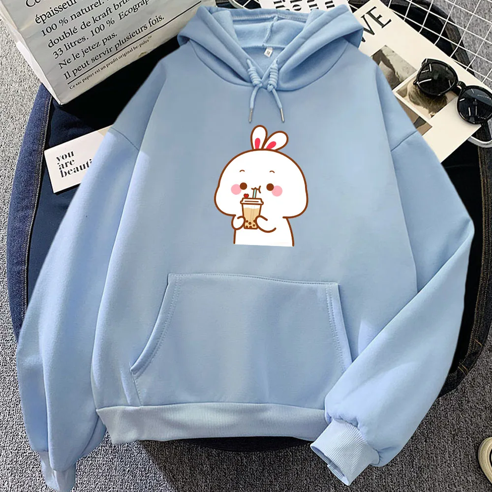 Cute Rabbit Drinking Milk Tea Hoodies for Girls Casual Long Sleeve Women Sweatshirts Winter Fleece Warm Cartoon Graphic Pullover