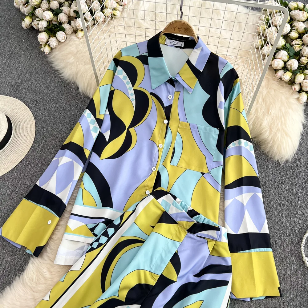 European And American Fashion Women Pajamas Set Loose And Thin Lapel Printed Long-sleeved Wide-leg Pants 2-piece Set Pijama Suit