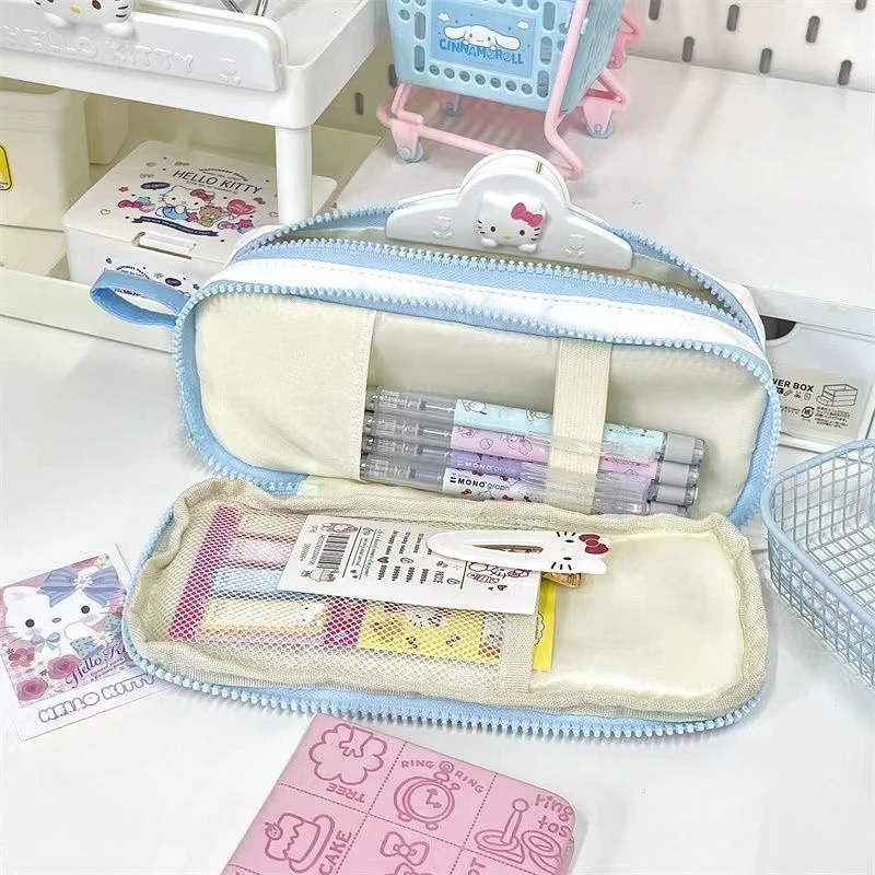 Sanrio HelloKitty Storage Bag Large Capacity Double Layer Girls Pencil Case Embroidery Pencil Case Student Zipper Stationery Bag