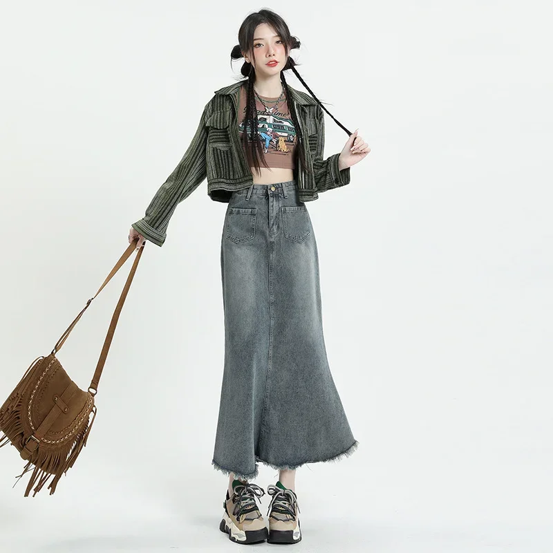 Spring Denim Mermaid Skirts Wrap Hip Women 2024 Blue Clothes Trumpets Fashion Autumn High Waist Slim Hip-covering Long Skorts