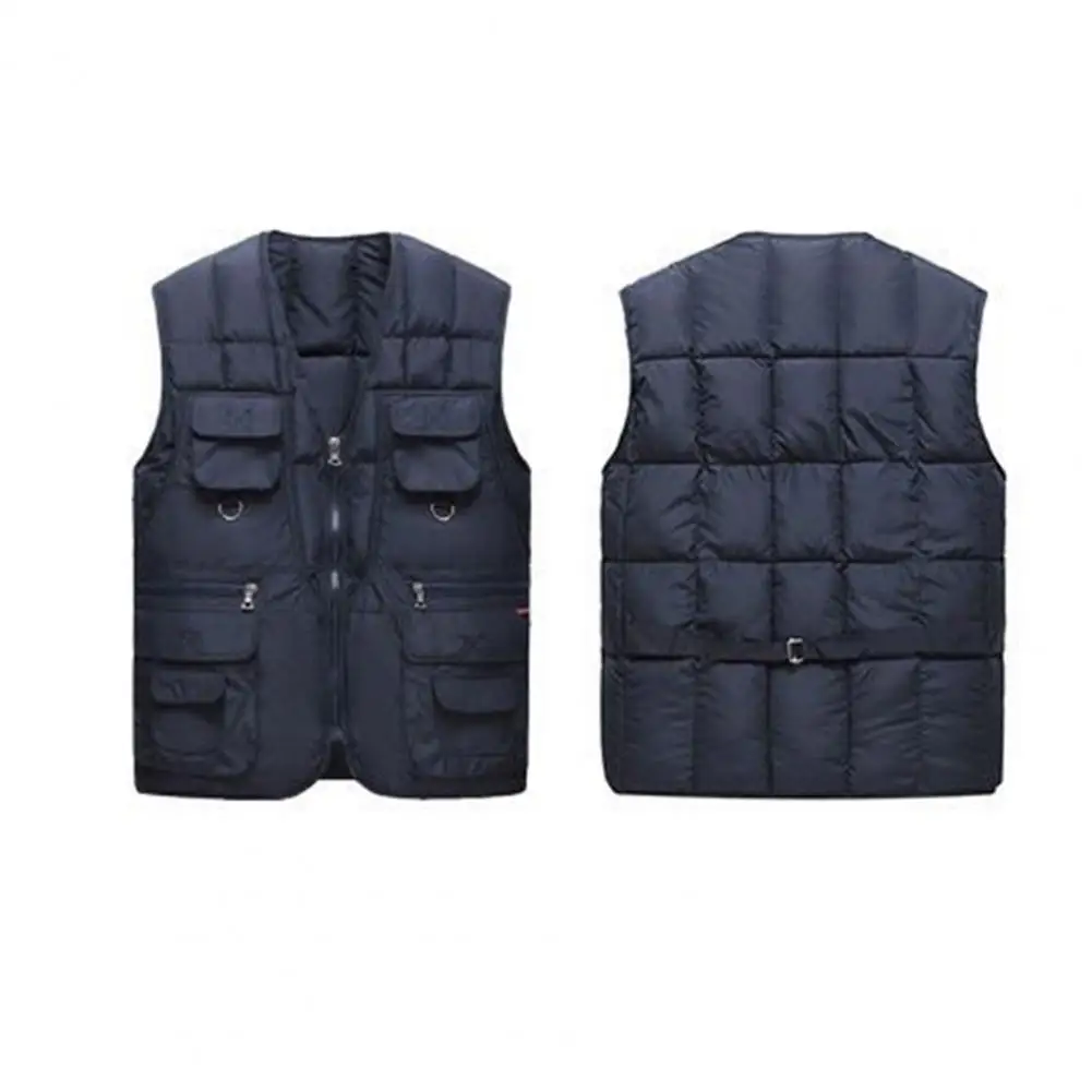 Description Picture 2 of itemMen Vest Solid Color With Multiple Pockets Zipper Closure Sleeveless Vest Jacket Autumn Winter Waistcoat Men Fashion Clothing