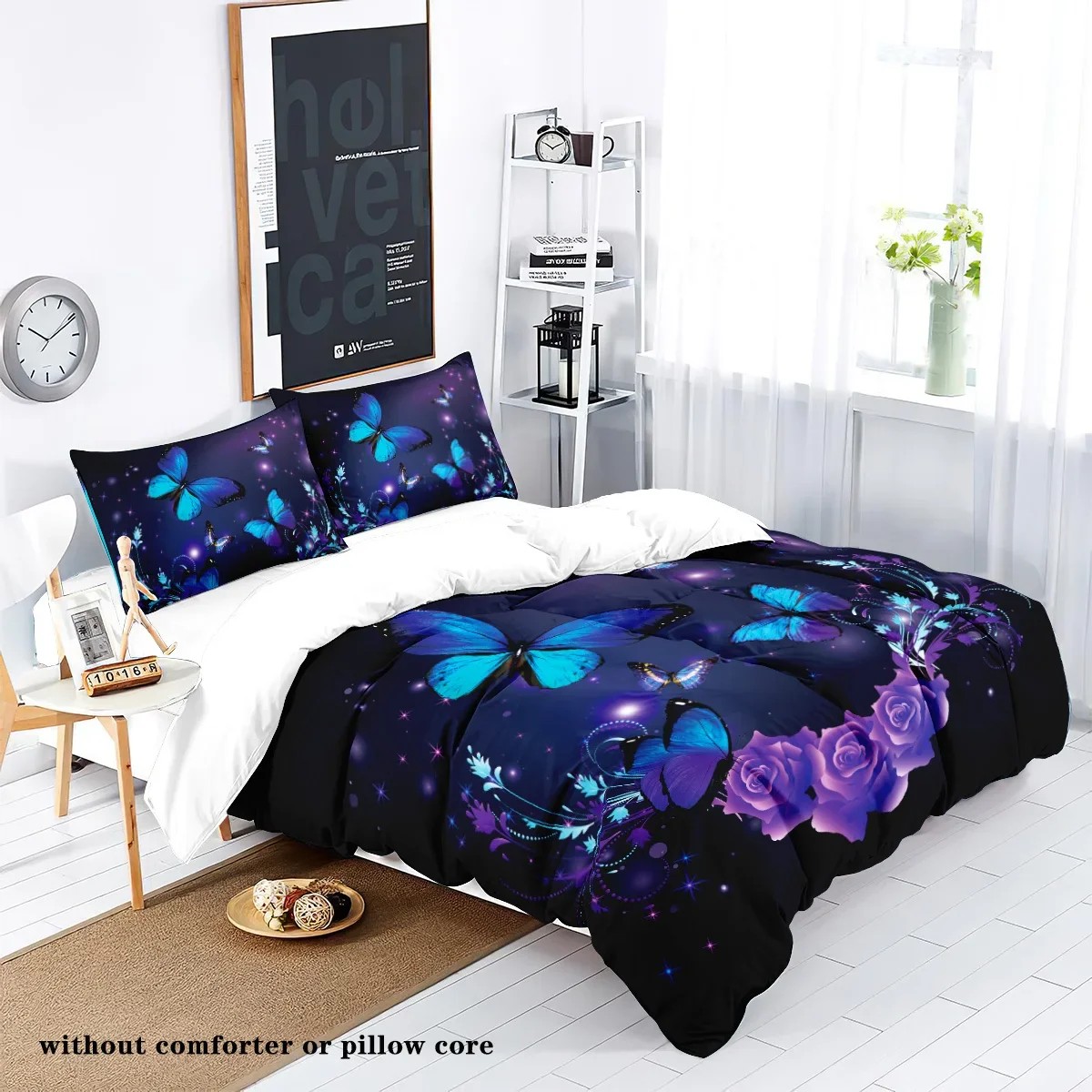 3-piece down duvet cover set with purple butterfly and rose pattern print (1 duvet cover+2 pillowcases, no core) bedding set