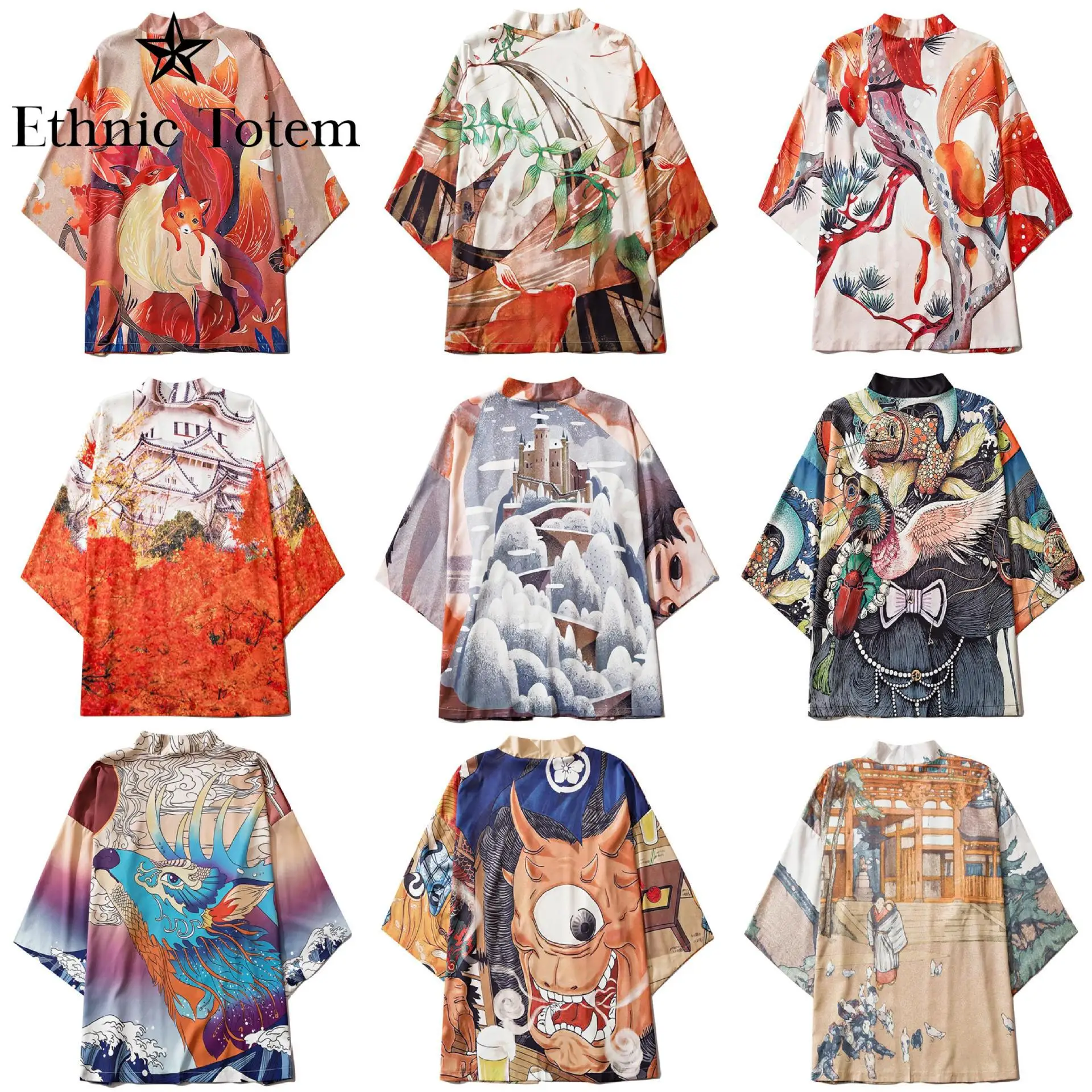 Men Japanese Kimono Cardigan Men Samurai Costume Clothing Kimono Mens Kimono Shirt Yukata Japanese Traditional Ukiyoe Haori