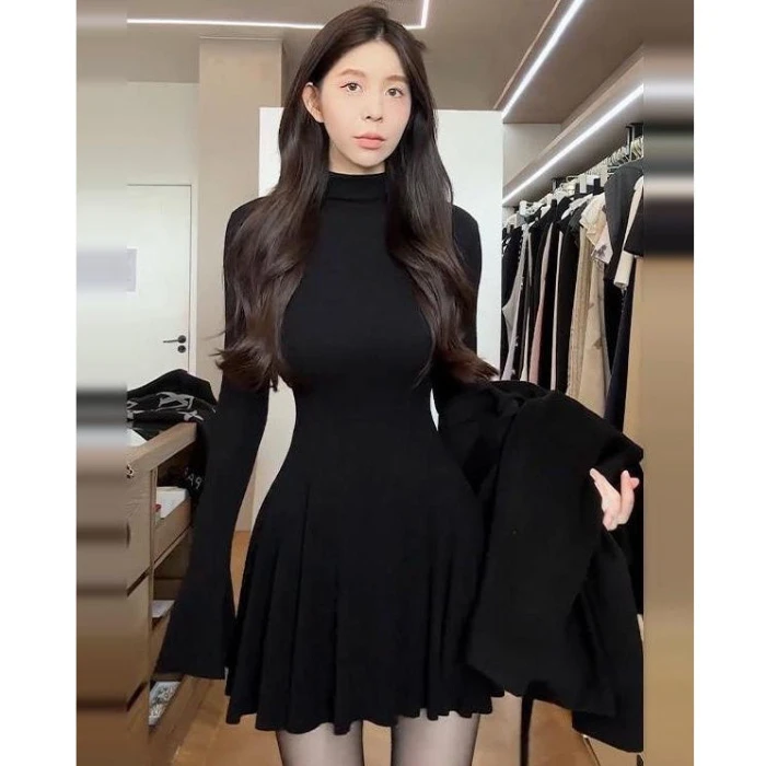 Bell sleeve black dress - premium soft fit