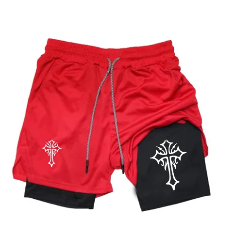 Cross Print 2 in 1 Workout Running Shorts for Men Christian Gym Athletic Shorts with Compression Liner Phone Pocket Towel Loop 5