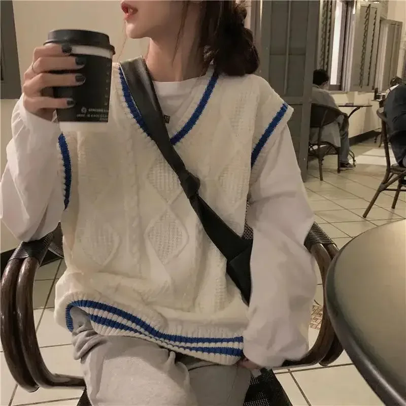 

Women's Knitted Vest Lazy Oversize Sweater Loose V-Neck Pullover Sleeveless Sweater Casual Preppy Style All-match Outerwear Tops